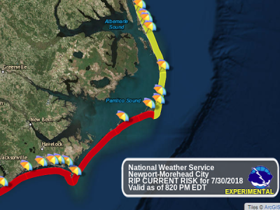 Swim Safely Ocracoke is in the red. Red means stay out of the water.